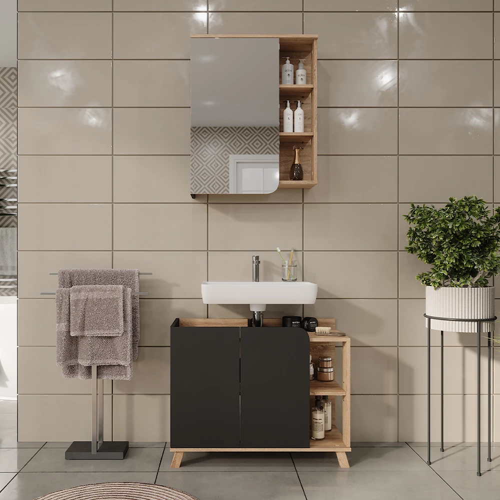 Vicco Set di mobili da bagno Sonoma/antracite 2 parti, Karen