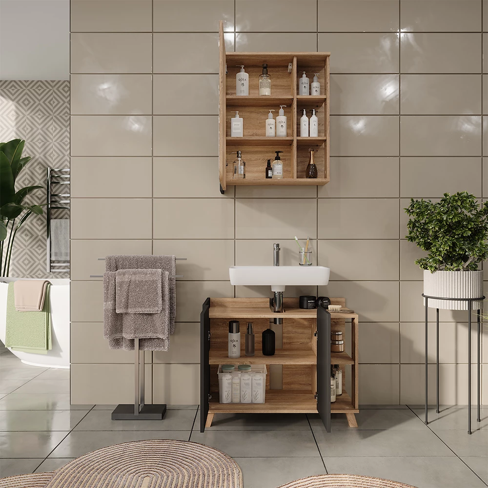Vicco Set di mobili da bagno Sonoma/antracite 2 parti, Karen