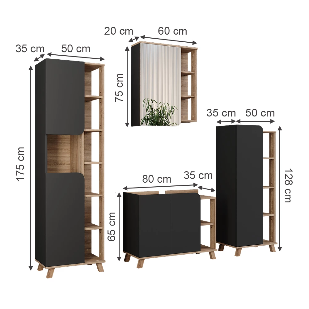 Vicco Set di mobili da bagno Sonoma/antracite 4 parti, Karen
