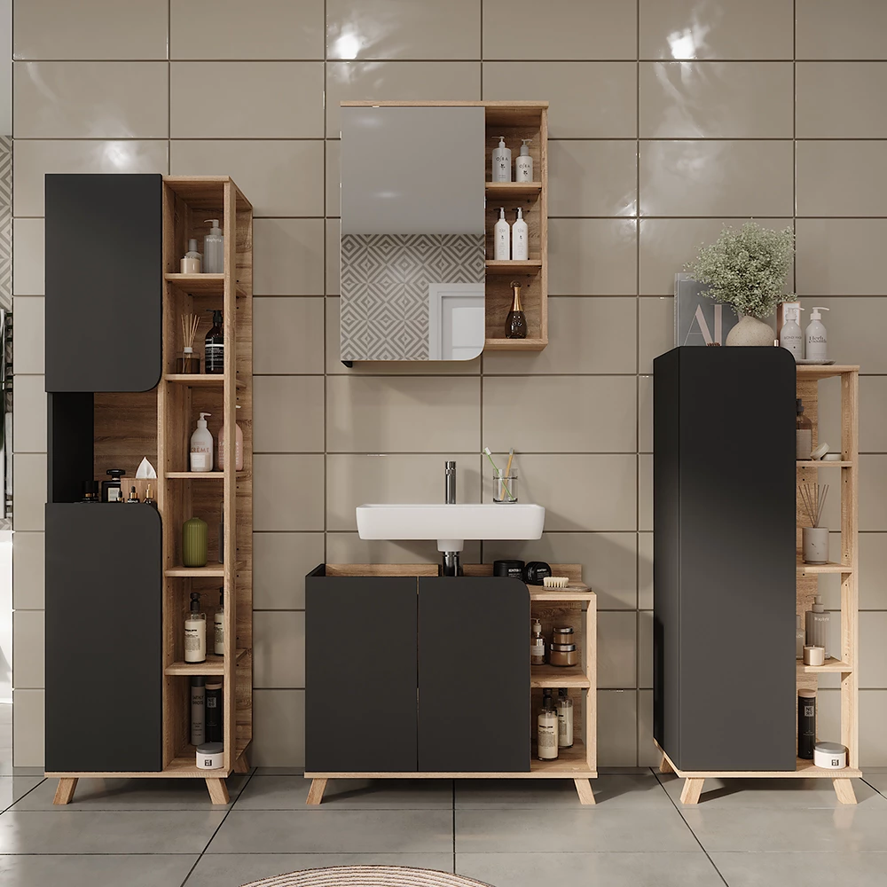 Vicco Set di mobili da bagno Sonoma/antracite 4 parti, Karen
