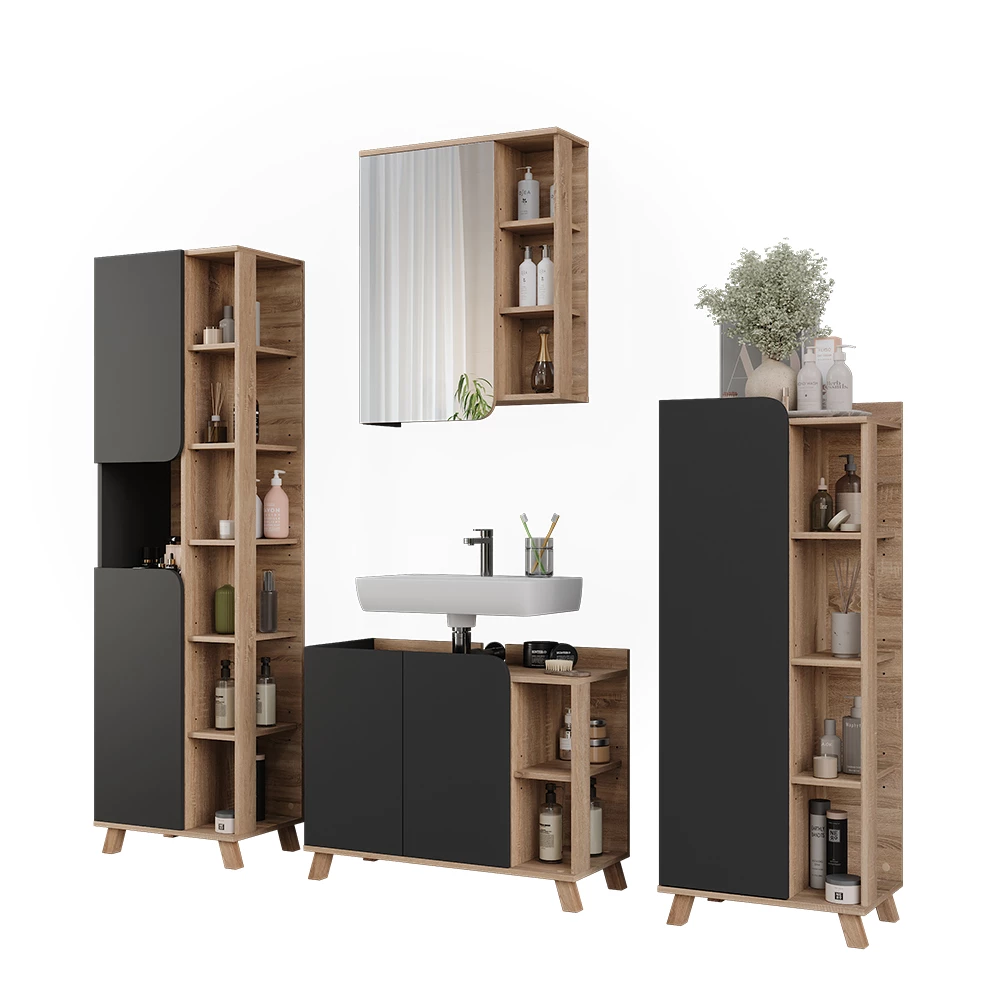 Vicco Set di mobili da bagno Sonoma/antracite 4 parti, Karen