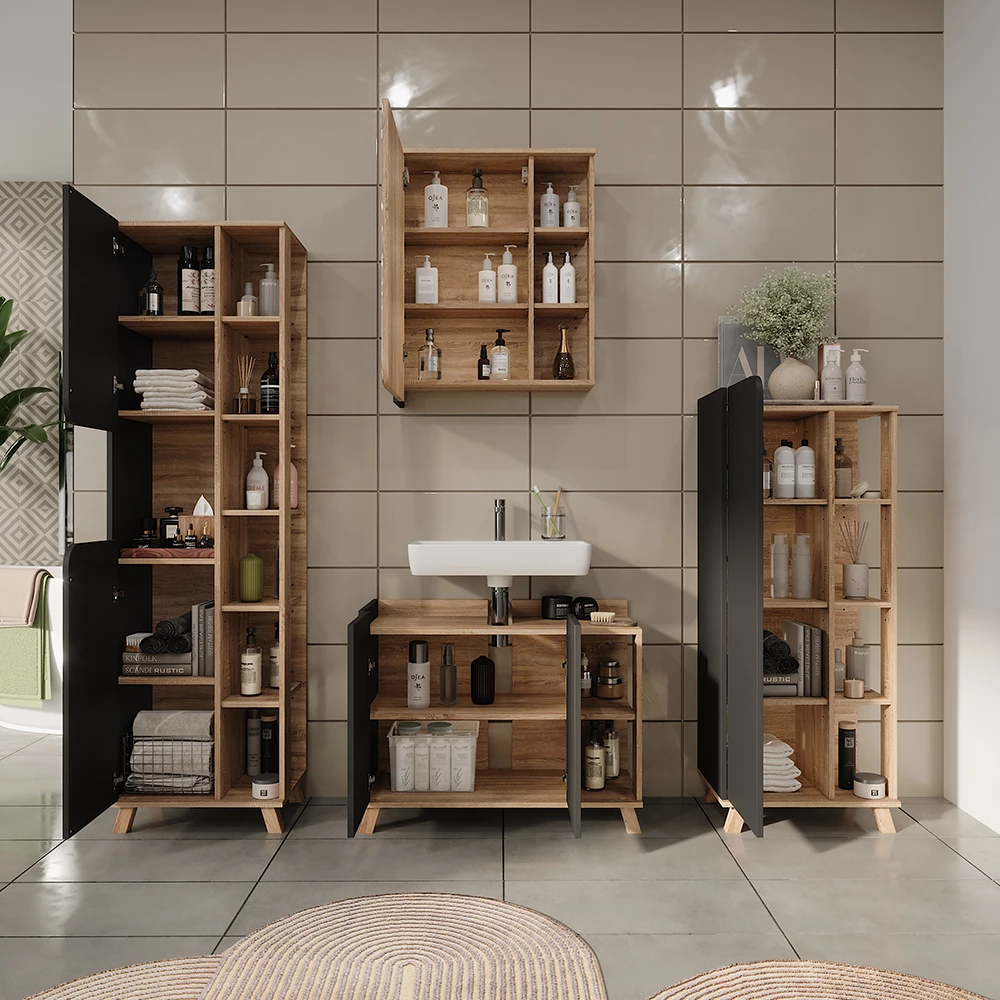 Vicco Set di mobili da bagno Sonoma/antracite 4 parti, Karen
