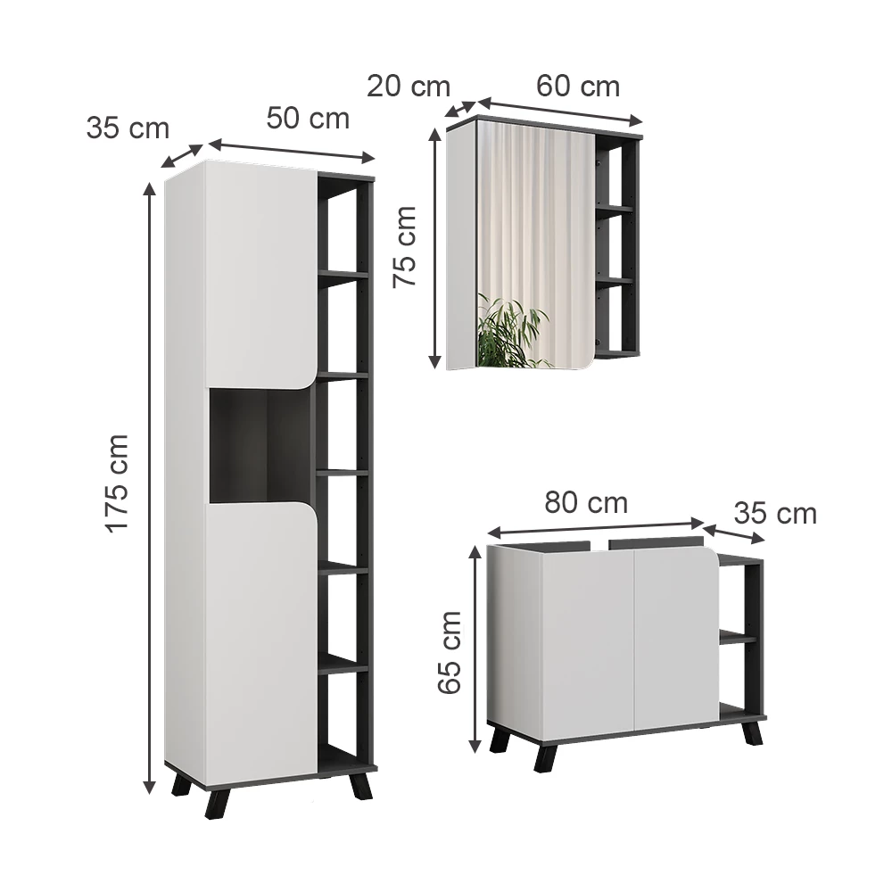 Vicco Set di mobili da bagno Antracite/bianco 3 parti, Karen