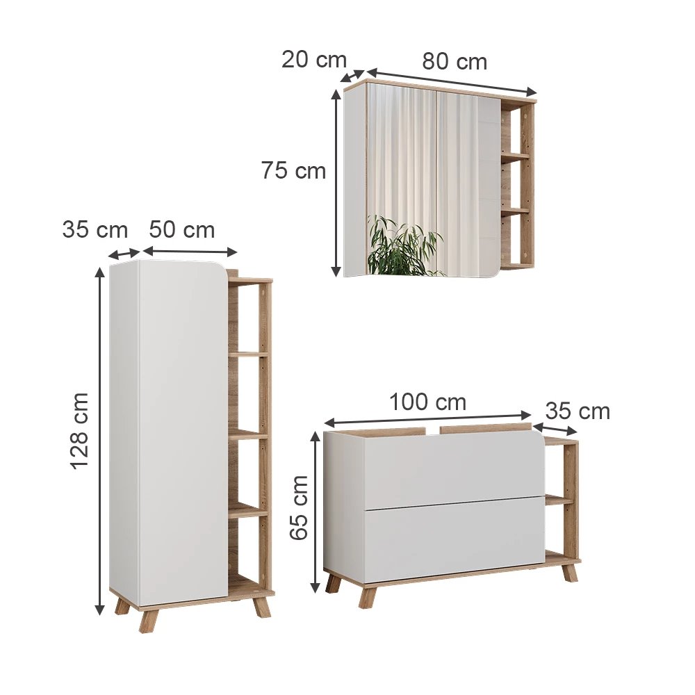 Set di mobili da bagno in Sonoma/Bianco su sfondo bianco con dimensioni visibili