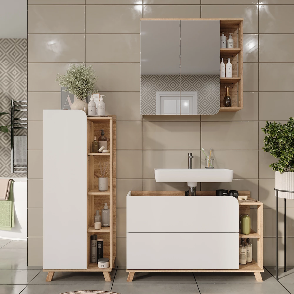 Set di mobili da bagno in Sonoma/Bianco, mostrato in un ambiente ambientale con decorazioni
