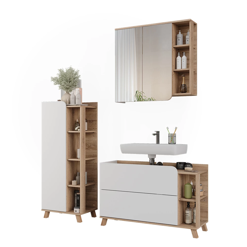 Set di mobili da bagno in Sonoma/Bianco su sfondo bianco con elementi decorativi