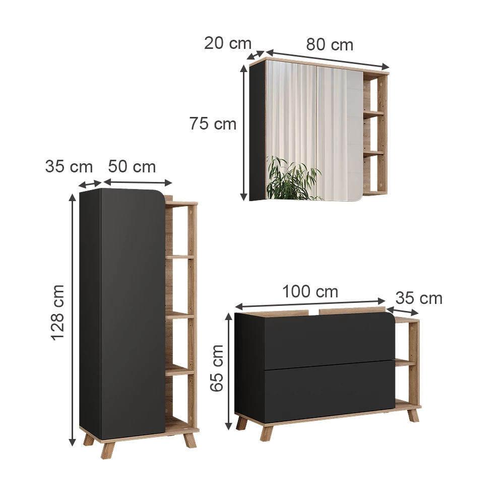 Vicco Set di mobili da bagno Sonoma/antracite 3 parti, Karen