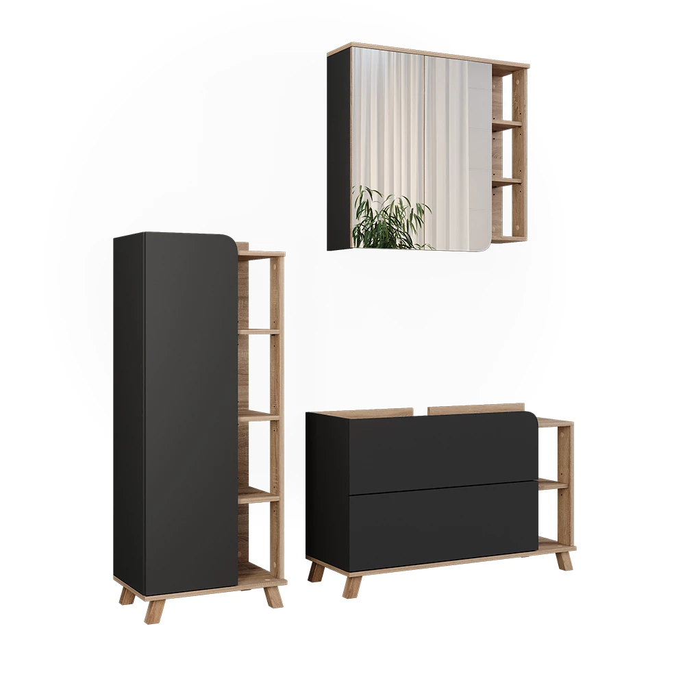 Vicco Set di mobili da bagno Sonoma/antracite 3 parti, Karen