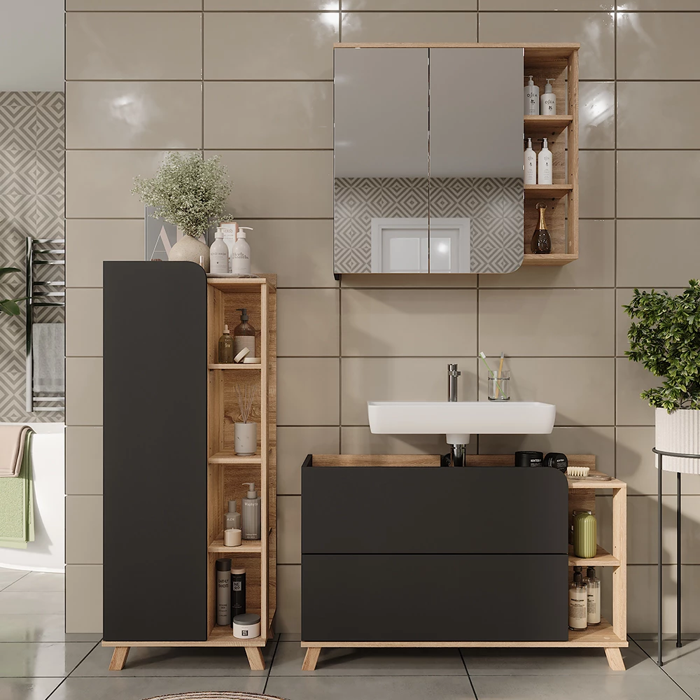 Vicco Set di mobili da bagno Sonoma/antracite 3 parti, Karen