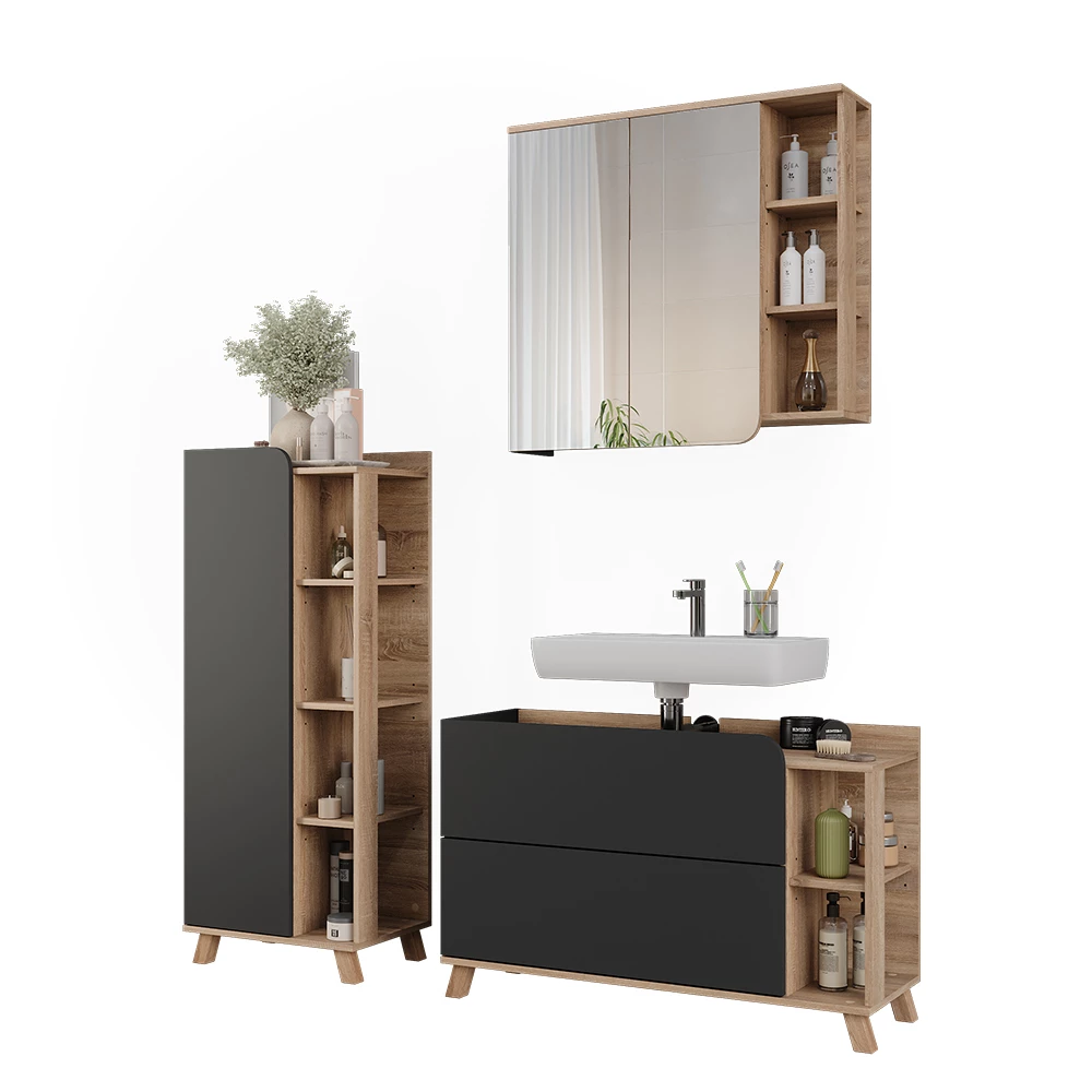 Vicco Set di mobili da bagno Sonoma/antracite 3 parti, Karen