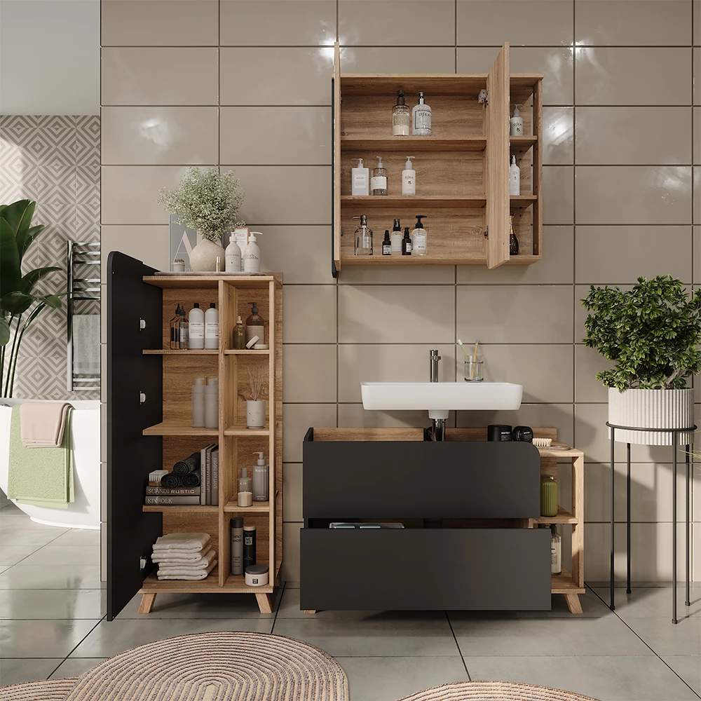 Vicco Set di mobili da bagno Sonoma/antracite 3 parti, Karen