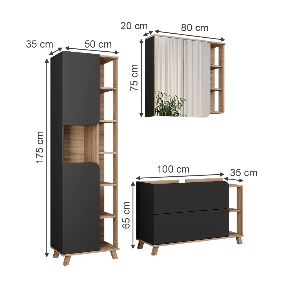 Vicco Badmöbel-Set Sonoma/Anthrazit 3 Teile, Karen