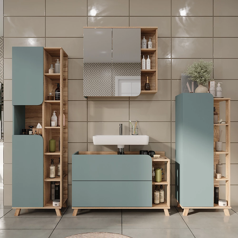 Vicco Set di mobili da bagno Sonoma/blu 4 parti, Karen