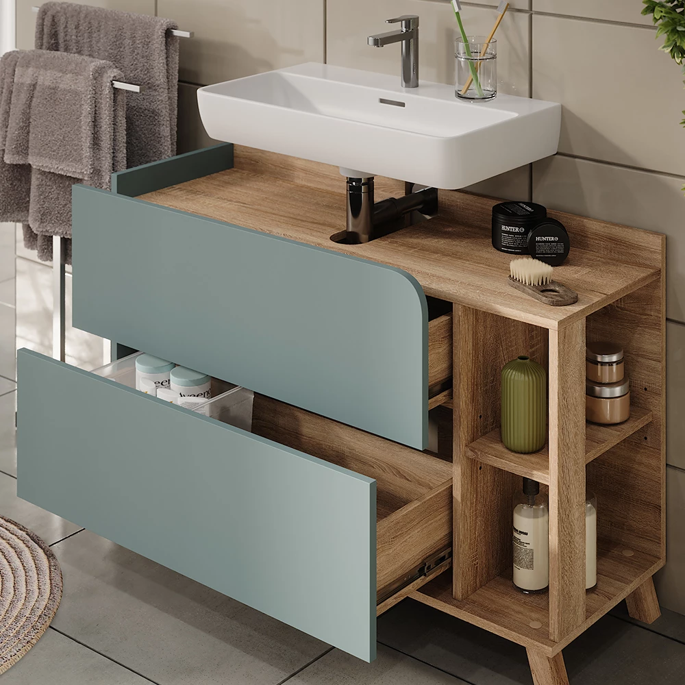 Vicco Set di mobili da bagno Sonoma/blu 4 parti, Karen