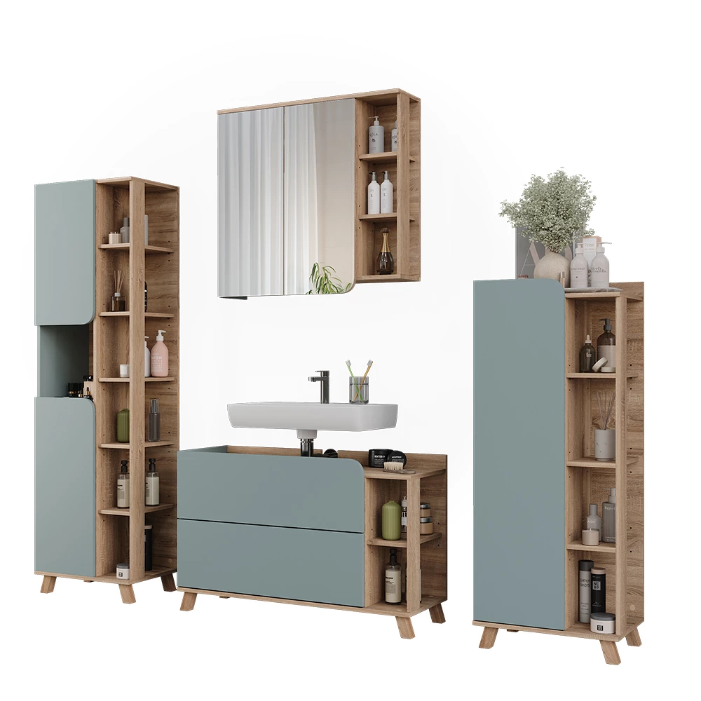 Vicco Set di mobili da bagno Sonoma/blu 4 parti, Karen