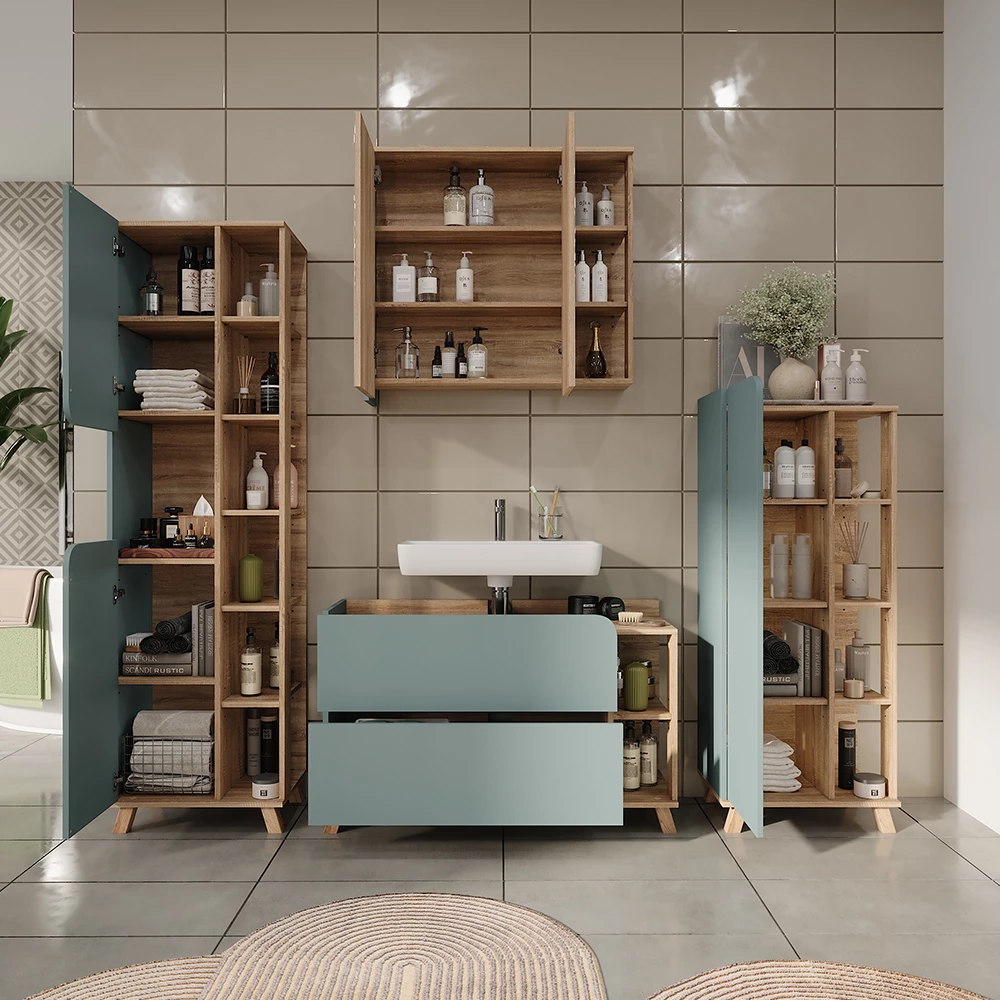 Vicco Set di mobili da bagno Sonoma/blu 4 parti, Karen