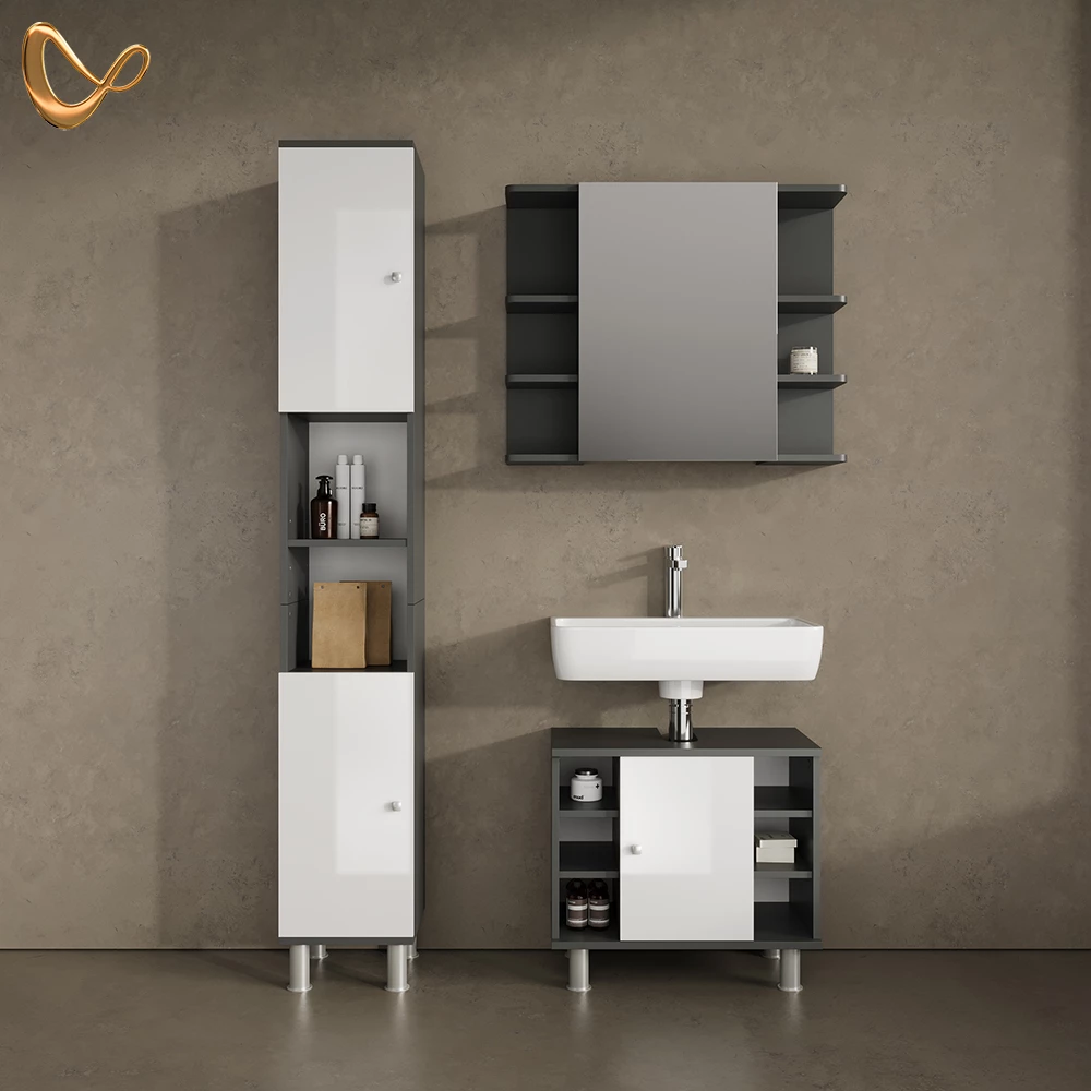 Badschrank in Anthrazit, dargestellt im Ambiente und auf weißem Hintergrund