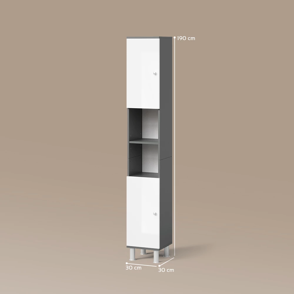 Badschrank in Anthrazit auf weißem Hintergrund mit sichtbaren Maßen