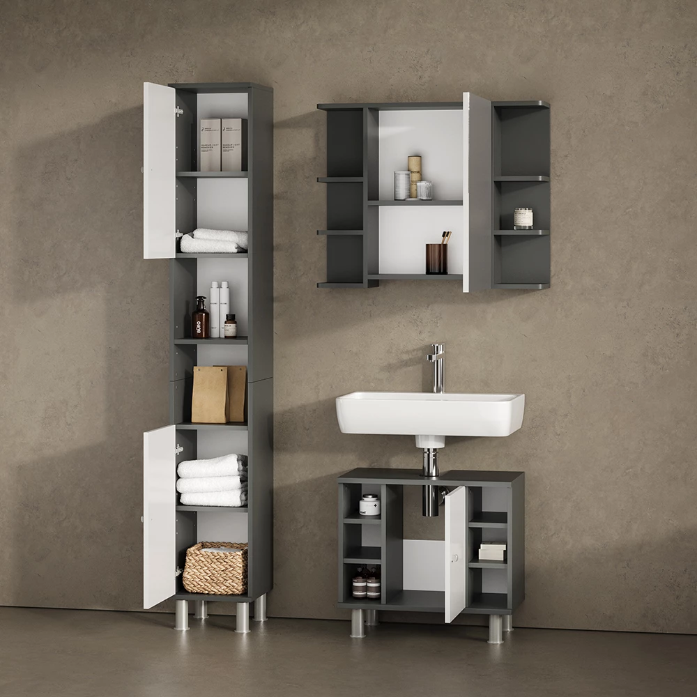 Nahaufnahme von Badschrank in Anthrazit, zeigt Textur/Details