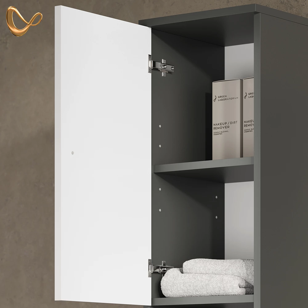 Nahaufnahme von Badschrank in Anthrazit, zeigt Design- und Oberflächendetails