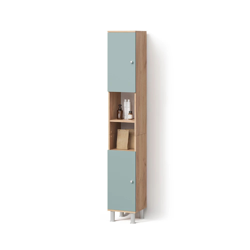 Badschrank in Goldkraft Eiche auf weißem Hintergrund