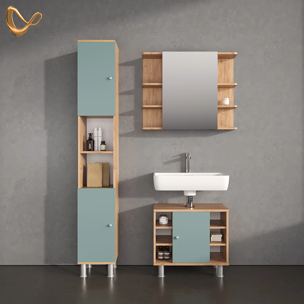 Badschrank in Goldkraft Eiche, dargestellt im Ambiente und auf weißem Hintergrund