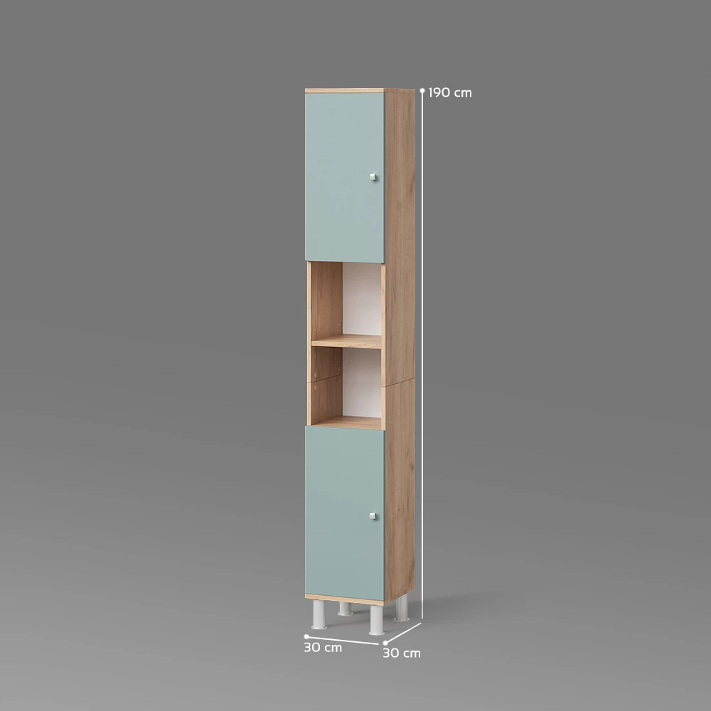 Badschrank in Goldkraft Eiche auf weißem Hintergrund mit sichtbaren Maßen