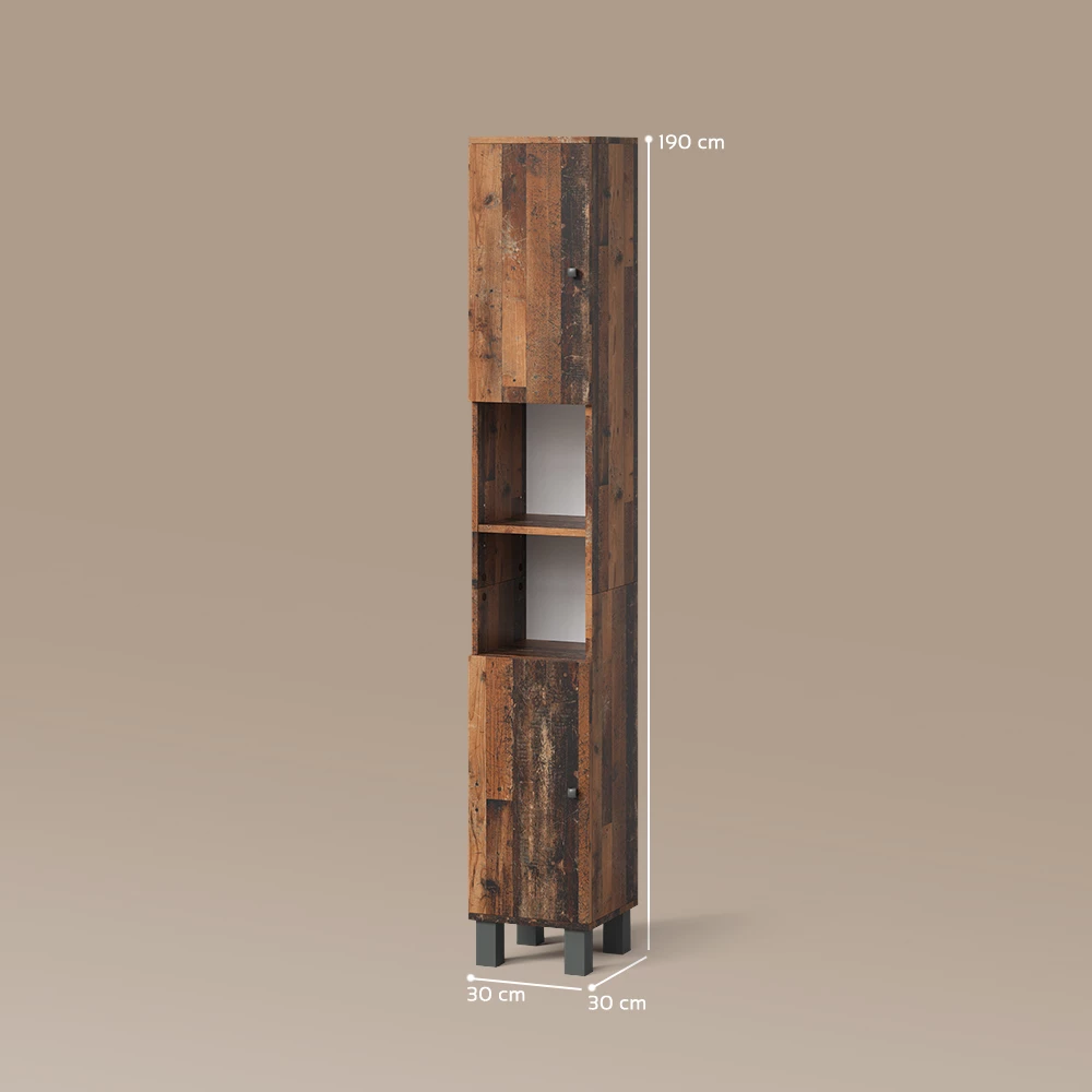 Badschrank in Eiche rustikal auf weißem Hintergrund mit sichtbaren Maßen
