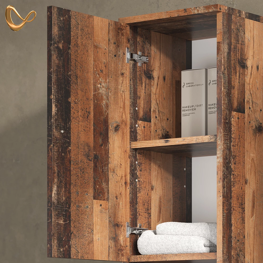 Nahaufnahme von Badschrank in Eiche rustikal, zeigt Design- und Oberflächendetails