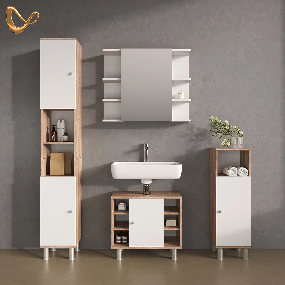 Badmöbel-Set in Sonoma, dargestellt im Ambiente und auf weißem Hintergrund