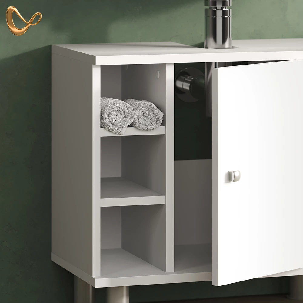 Nahaufnahme von Badmöbel-Set in Weiß, zeigt Design- und Oberflächendetails