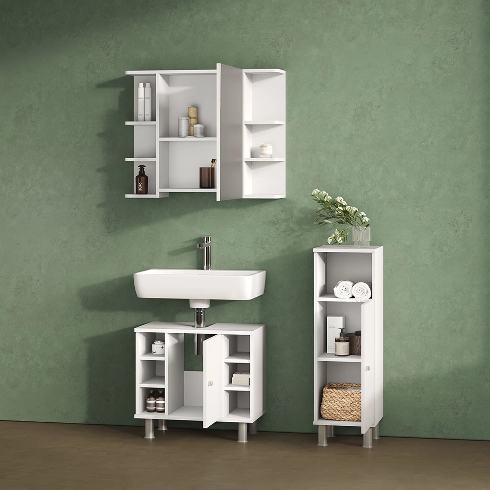 Nahaufnahme von Midischrank in Weiß, zeigt Textur/Details