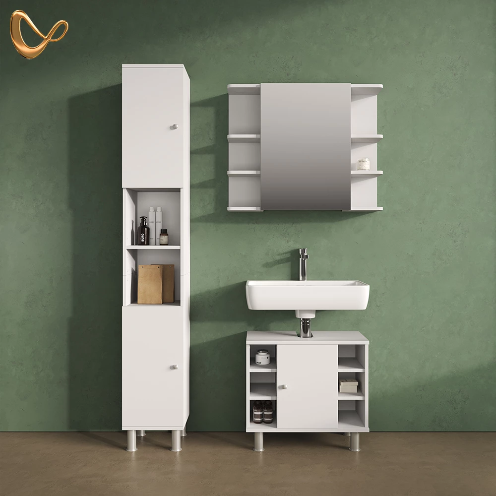 Badschrank in Weiß, dargestellt im Ambiente und auf weißem Hintergrund