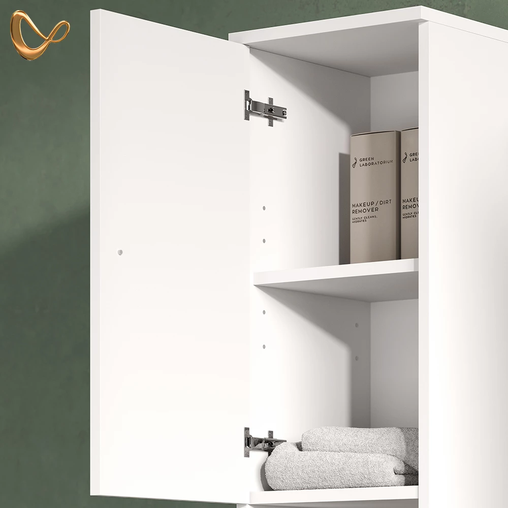 Nahaufnahme von Badschrank in Weiß, zeigt Design- und Oberflächendetails