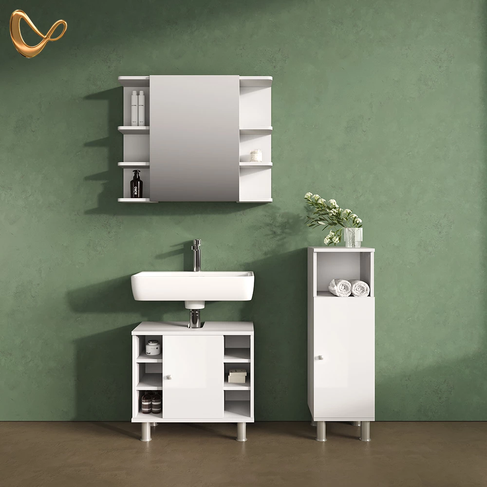 Bathroom furniture set in White High Gloss, shown in ambient setting and on white background
