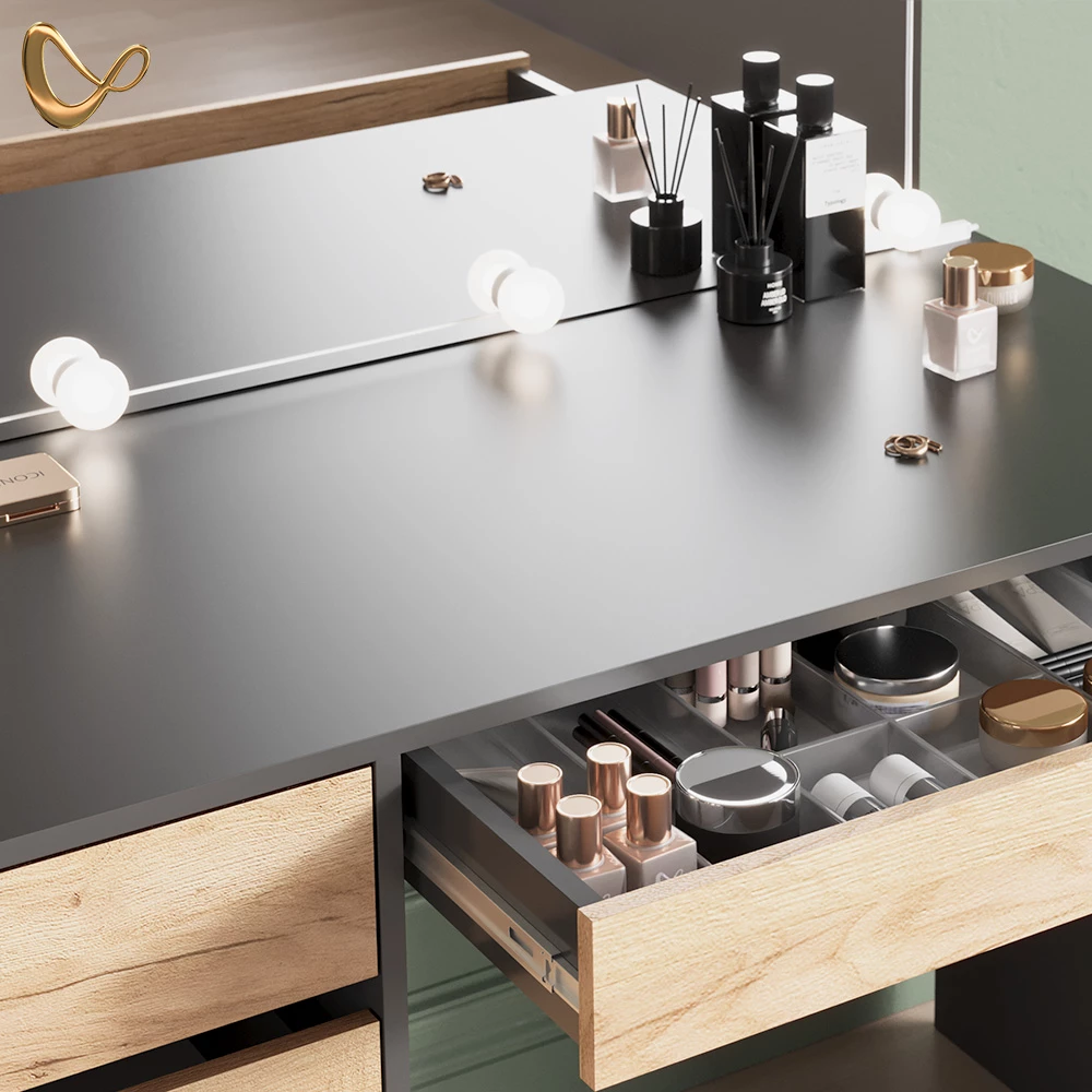 Nahaufnahme von Schminktisch in Anthrazit/Goldkraft Eiche, zeigt Design- und Oberflächendetails