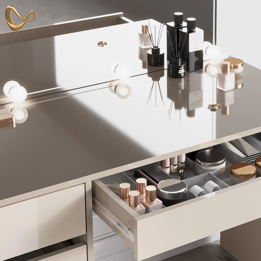 Nahaufnahme von Schminktisch in Greige, zeigt Design- und Oberflächendetails