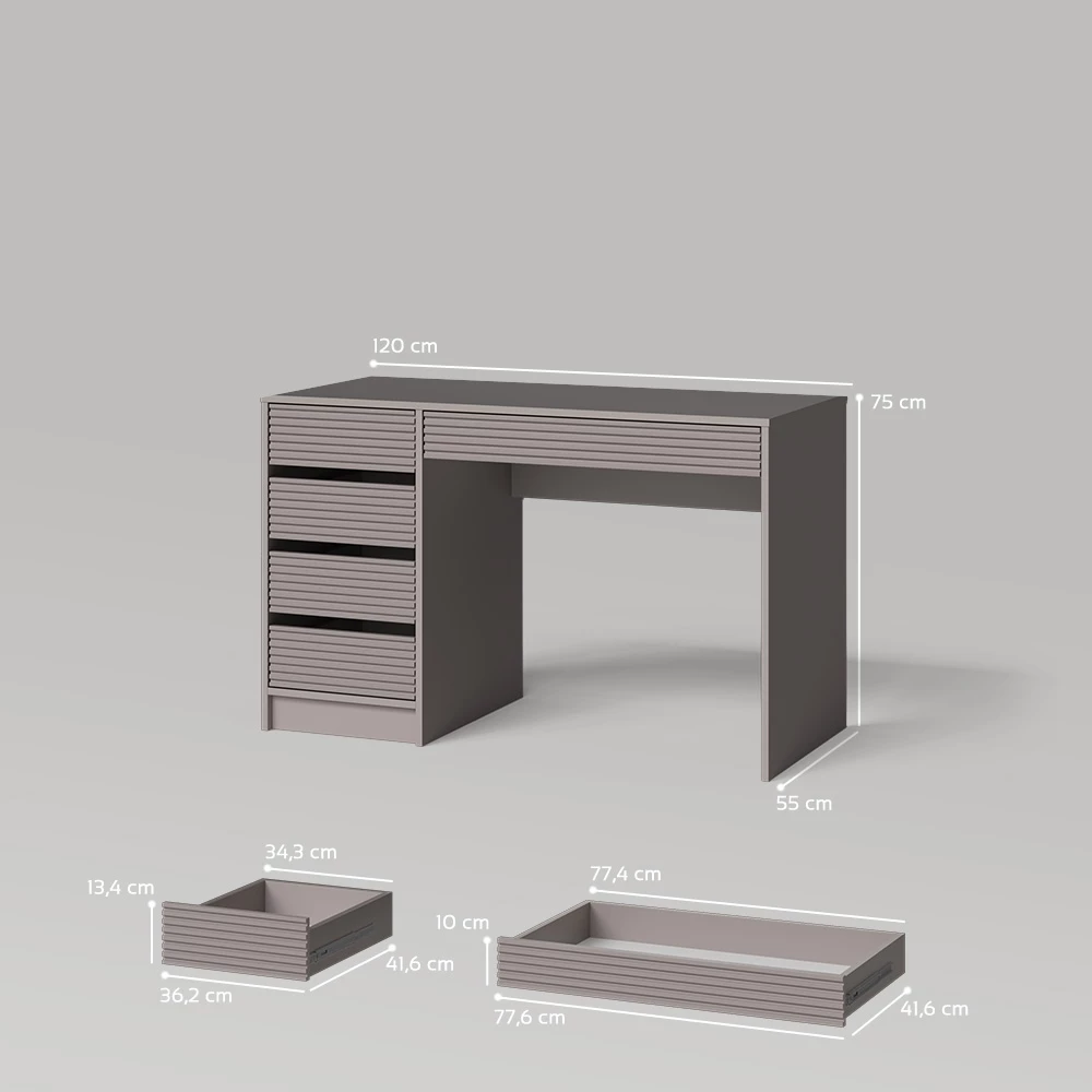 Schminktisch in Cashmere auf weißem Hintergrund mit sichtbaren Maßen