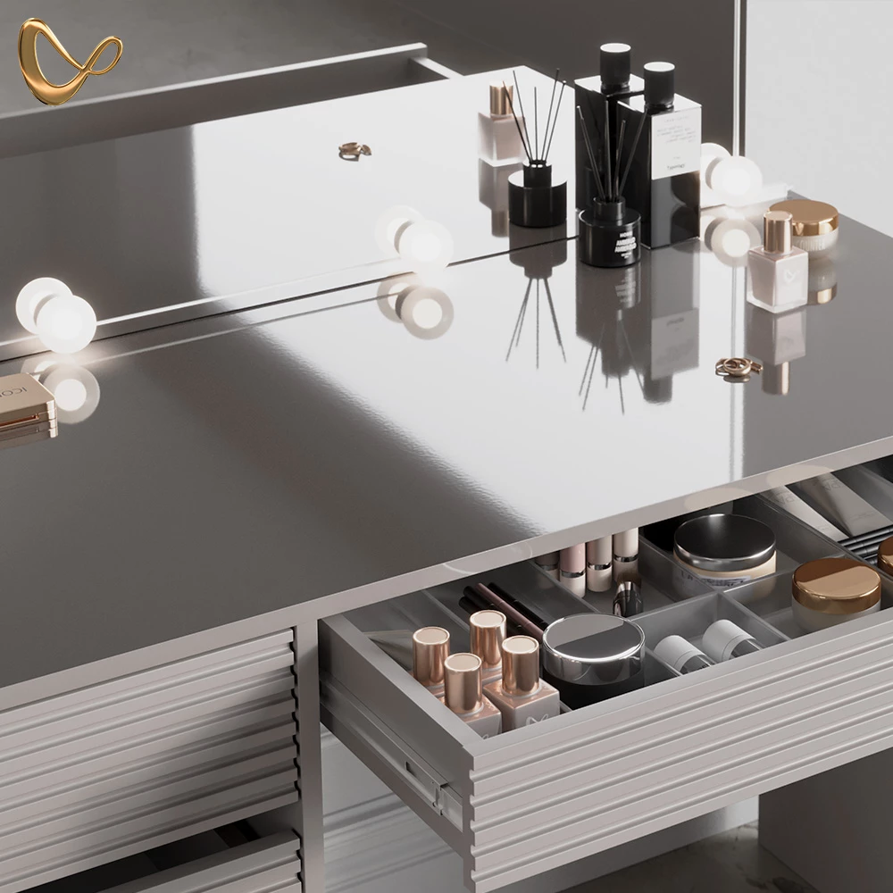 Nahaufnahme von Schminktisch in Cashmere, zeigt Design- und Oberflächendetails