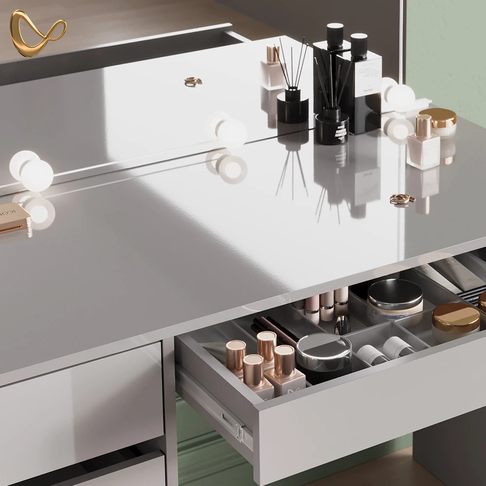Nahaufnahme von Schminktisch in Grau, zeigt Design- und Oberflächendetails