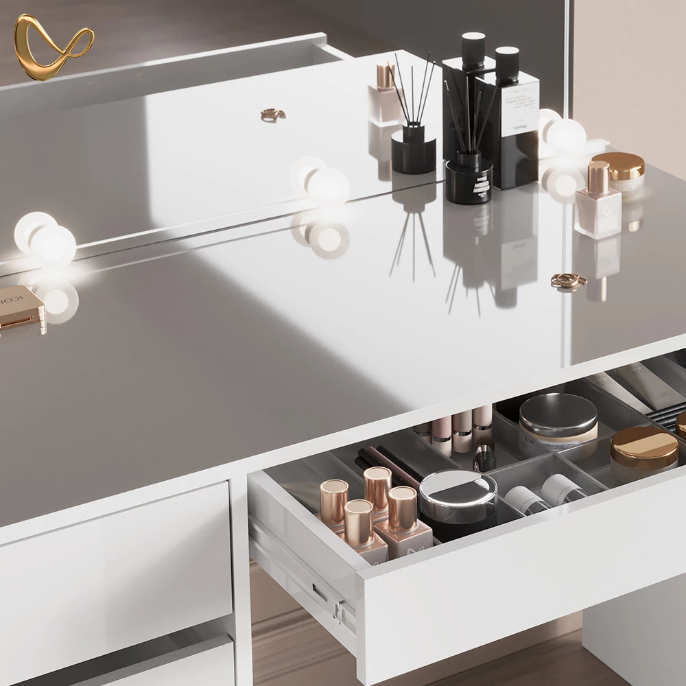Nahaufnahme von Schminktisch in Weiß, zeigt Design- und Oberflächendetails
