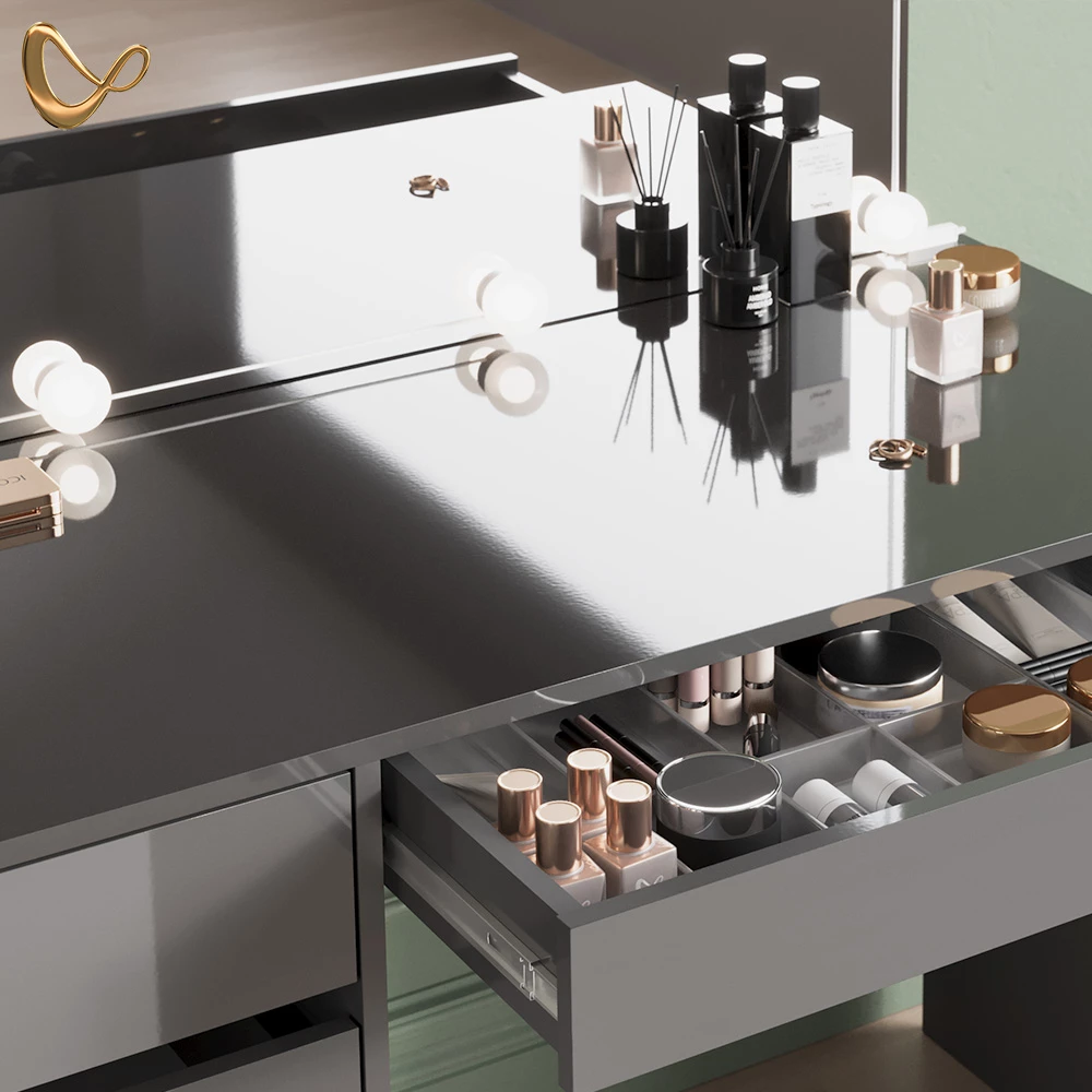 Nahaufnahme von Schminktisch in Anthrazit, zeigt Design- und Oberflächendetails