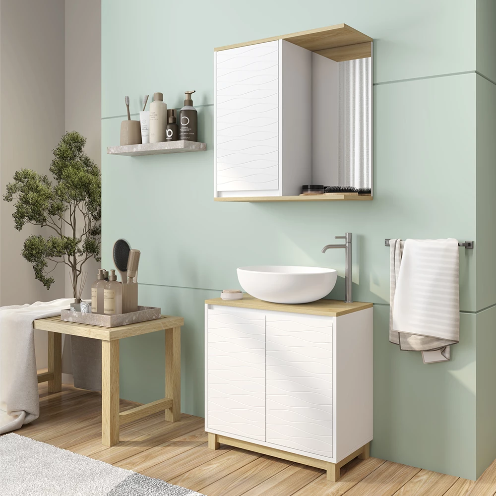 Vicco Set di mobili da bagno Bianco/quercia 2 parti, Livia