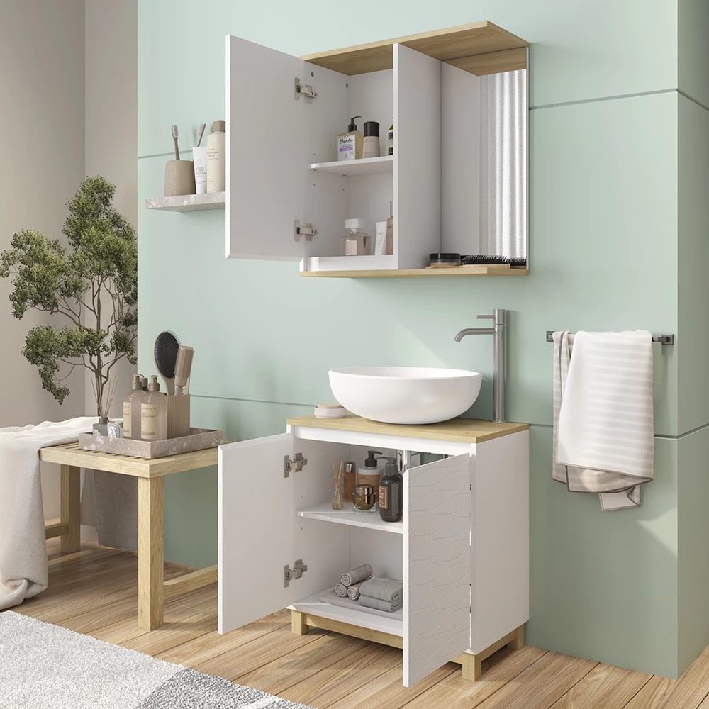 Vicco Set di mobili da bagno Bianco/quercia 2 parti, Livia