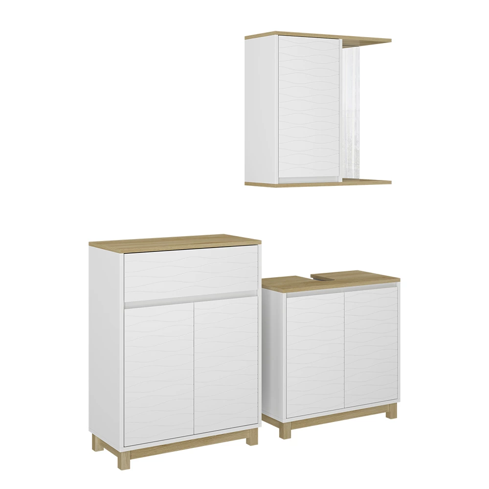 Vicco Badmöbel-Set Weiß/Eiche 3 Teile, mit Midischrank, Livia