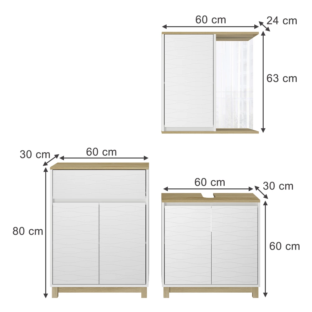 Vicco Badmöbel-Set Weiß/Eiche 3 Teile, mit Midischrank, Livia
