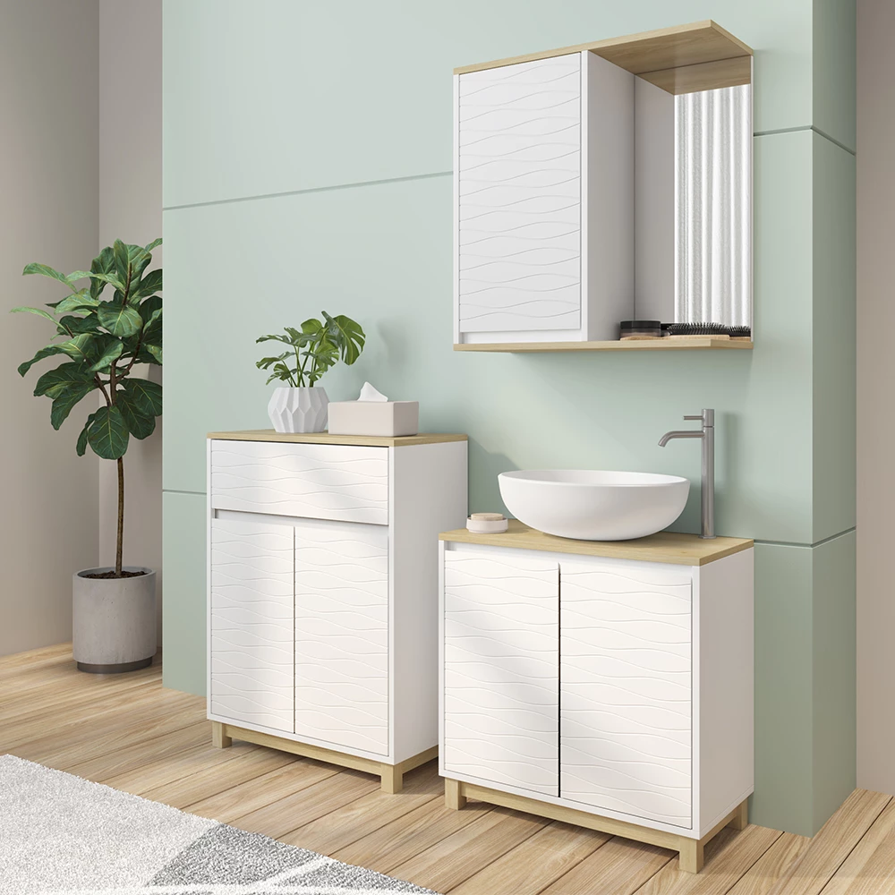 Vicco Badmöbel-Set Weiß/Eiche 3 Teile, mit Midischrank, Livia