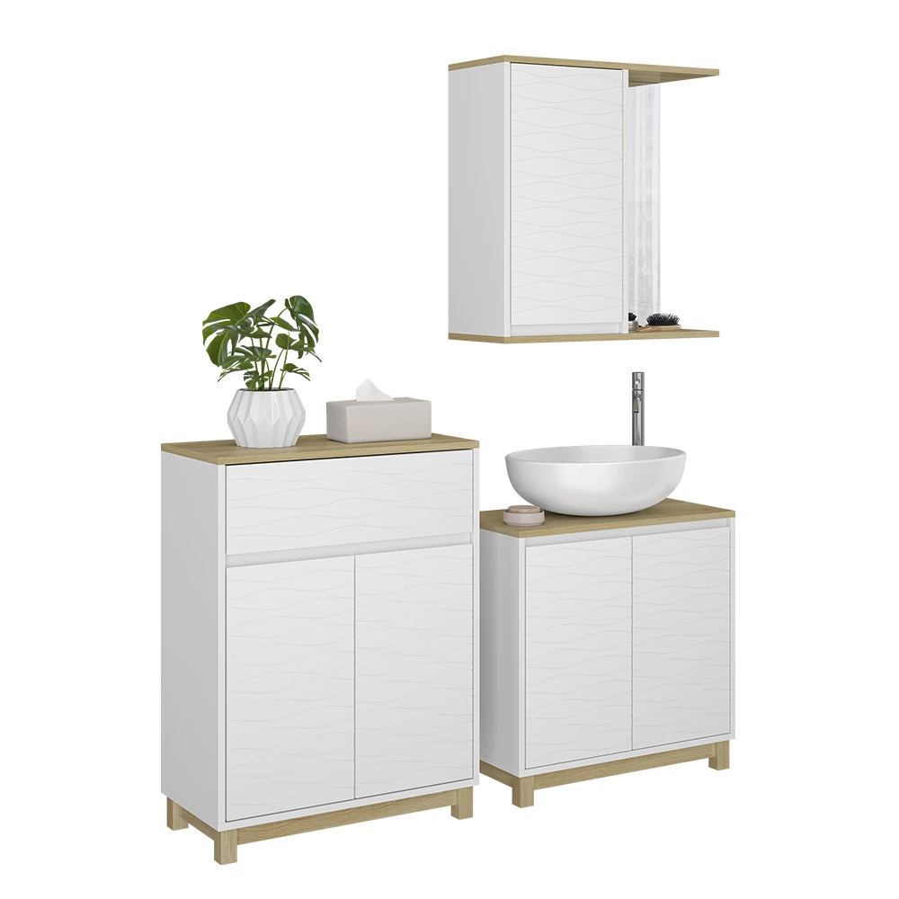 Vicco Badmöbel-Set Weiß/Eiche 3 Teile, mit Midischrank, Livia
