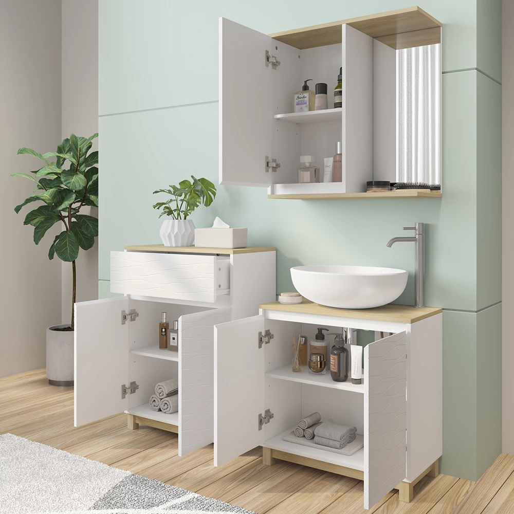 Vicco Badmöbel-Set Weiß/Eiche 3 Teile, mit Midischrank, Livia