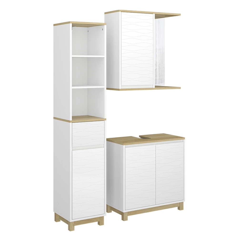 Vicco Badkamermeubelset Wit/eiken 3 delen, met hoge eenheid, Livia
